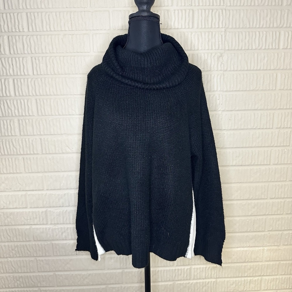 Lou & Grey Turtle Neck Sweater Black White Side Zips Warm Cozy Ribbed Tight Knit